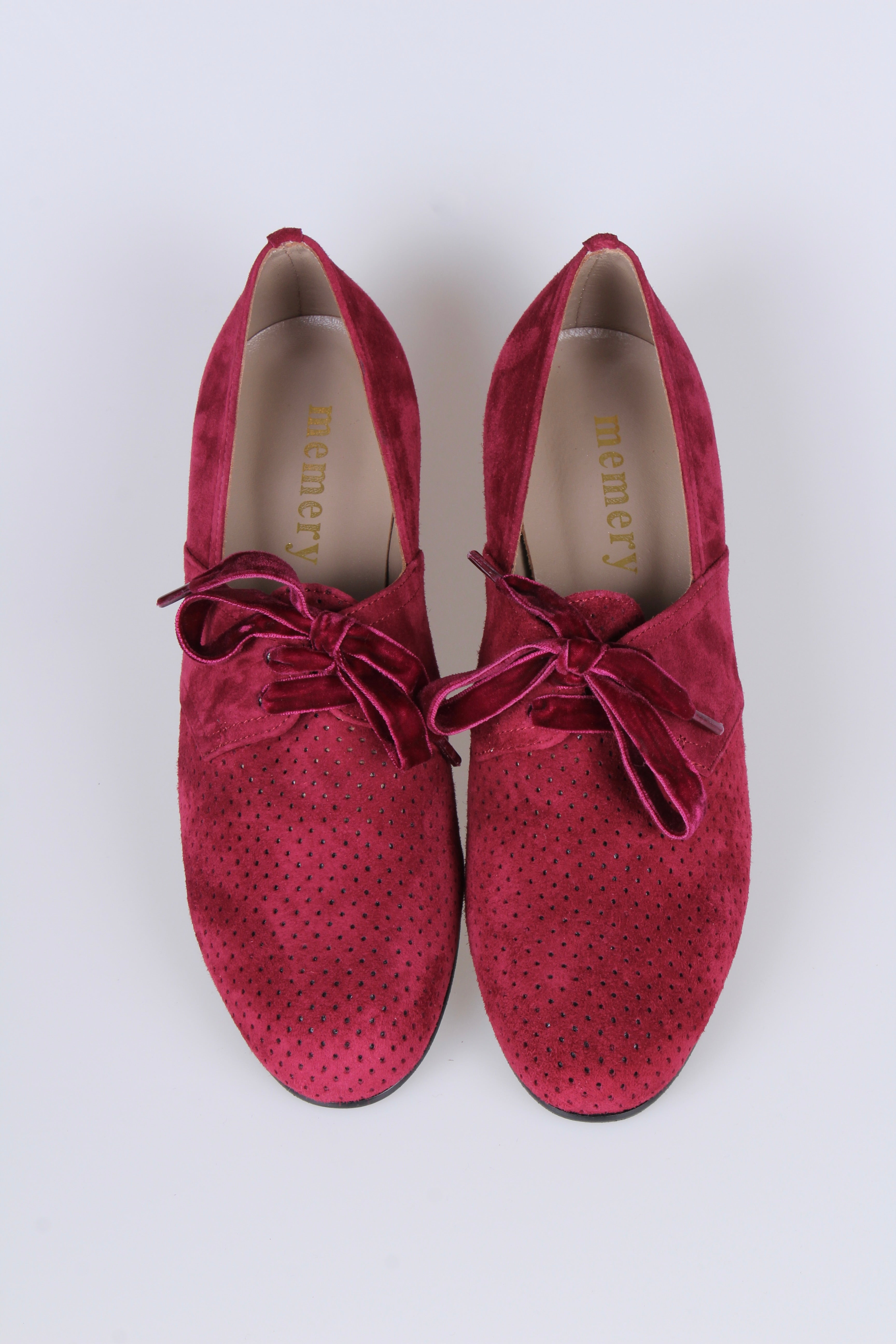 1940'er vintage style Oxford sko i ruskind med snøre - Lav hæl - Bordeaux Rød - Esther