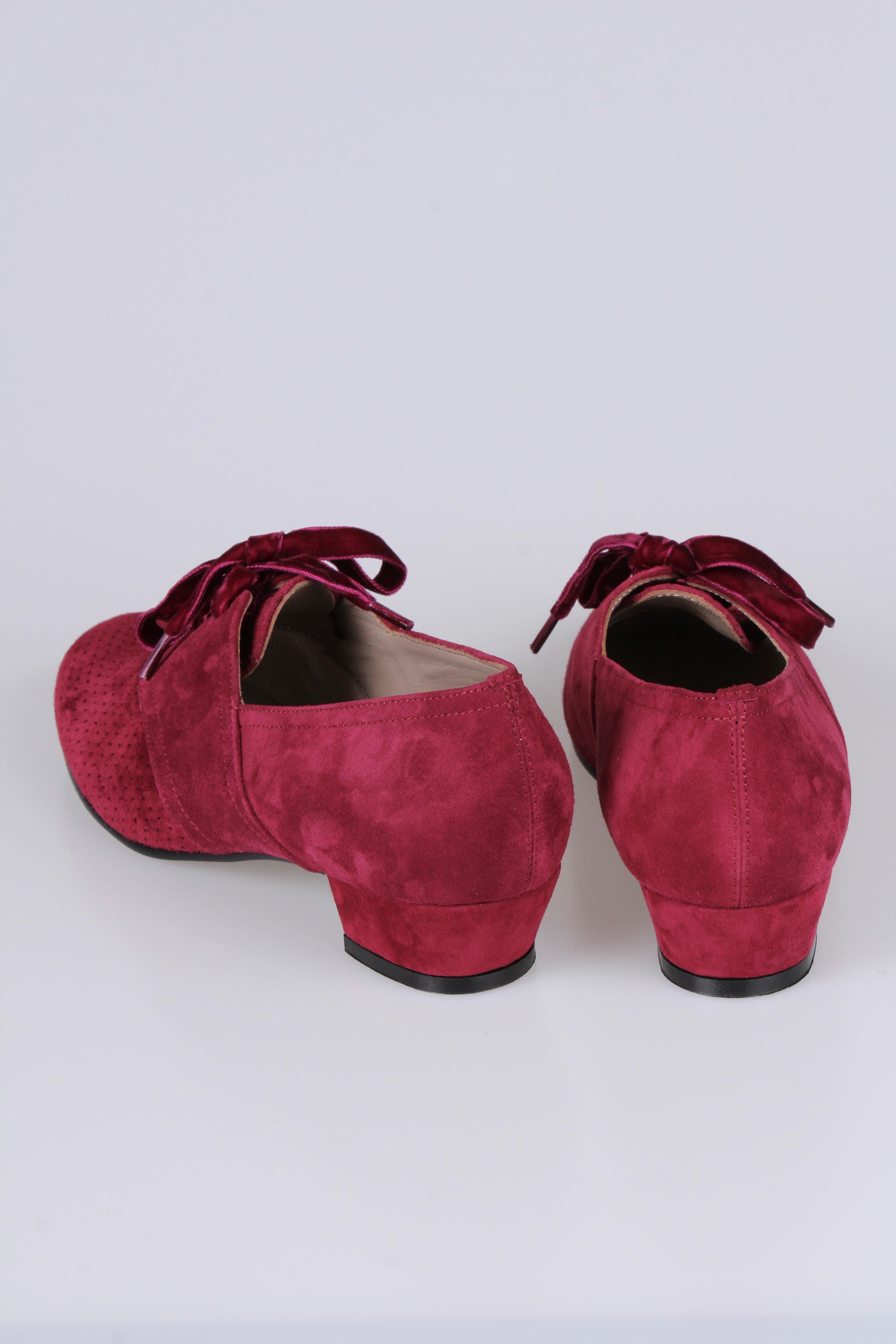 1940'er vintage style Oxford sko i ruskind med snøre - Lav hæl - Bordeaux Rød - Esther