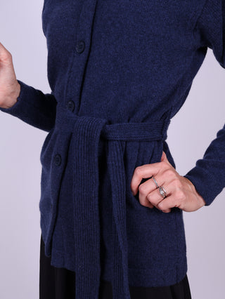 1920'er vintage style cardigan med bred krave og bælte - meleret blå - Pearl