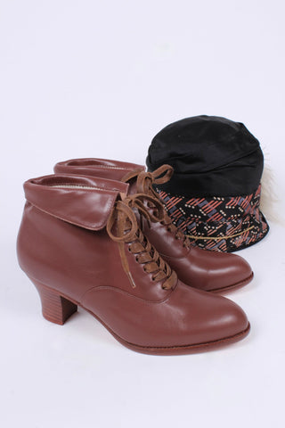 1930s style leather lace - up ankle boot - Brown - Betty - memery