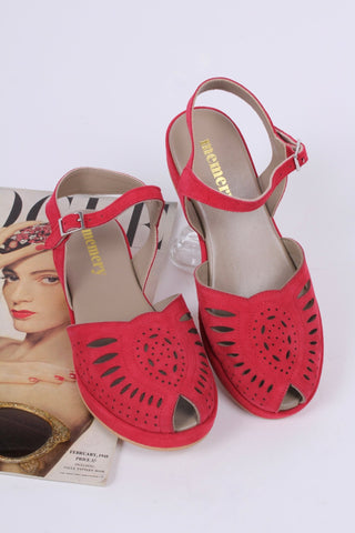 1940s / 50s suede wedge sandals - Red - Ella - memery