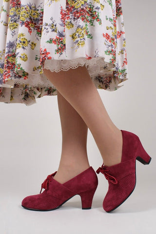 1940s pumps in suede with velvet laces - Burgundy red - Esther - memery