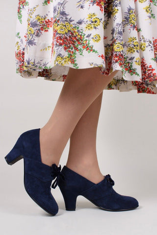 1940s pumps in suede with velvet laces - Navy blue - Esther - memery