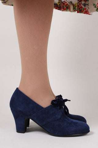 1940s pumps in suede with velvet laces - Navy blue - Esther - memery