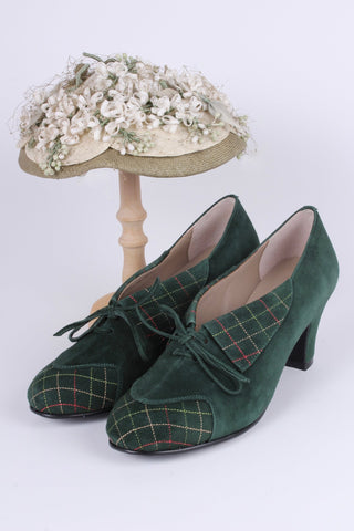 1940s Suede Pumps with Colored Trim – Dark green – Edith - memery