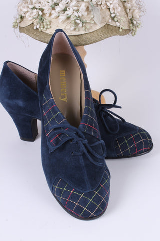 1940s Suede Pumps with Colored Trim – Navy – Edith - memery