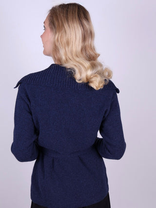 1920'er vintage style cardigan med bred krave og bælte - meleret blå - Pearl