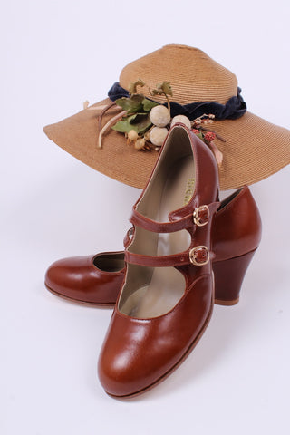 1930'er vintage style pumps med dobbelt rem - Cognac brun - Judy