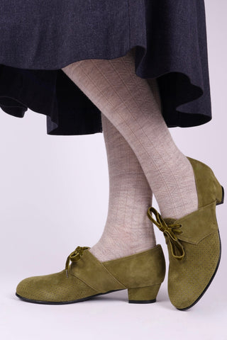 40s Derby shoes in suede - Low heel - Green - Esther - memery