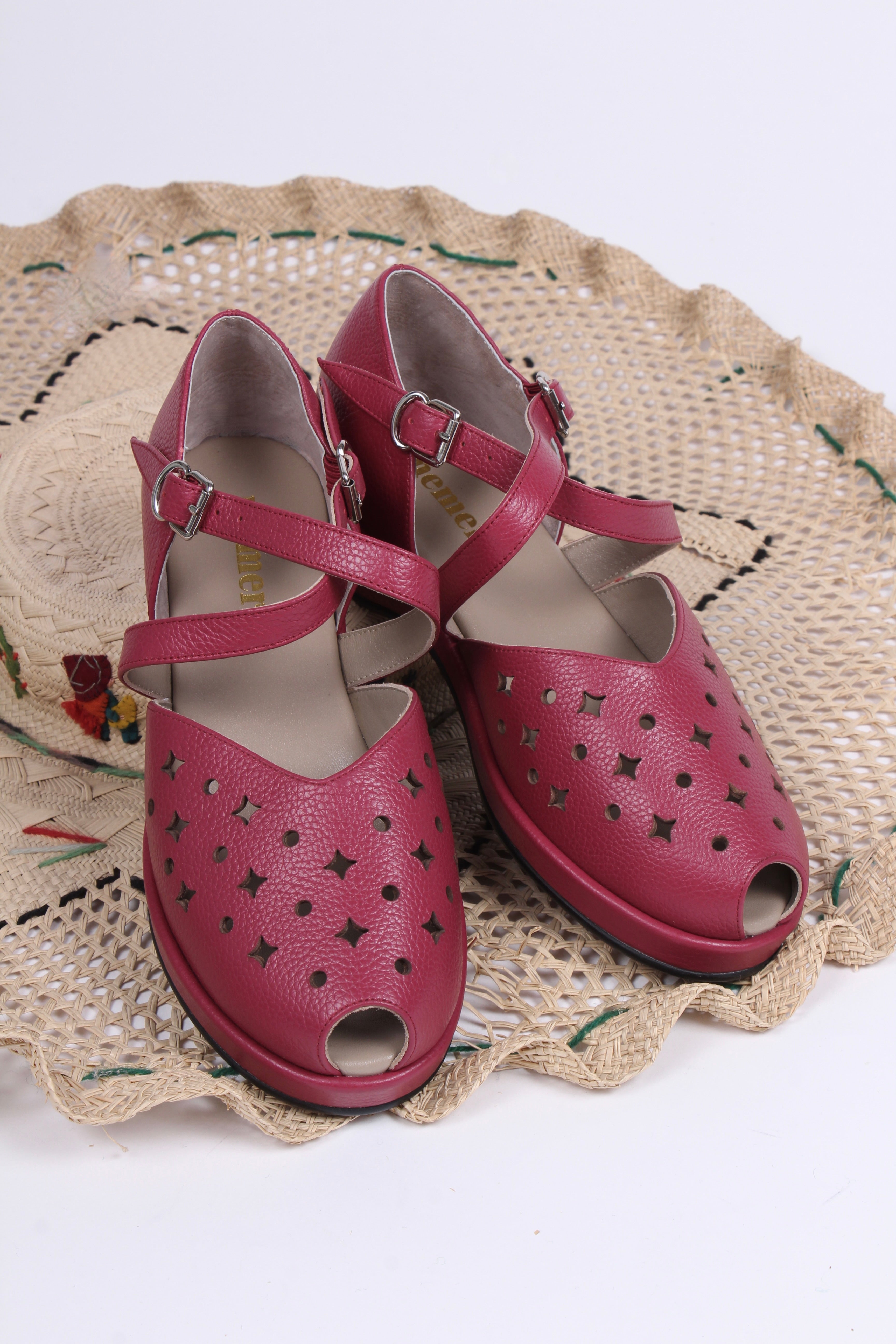 1940'er sandal / wedge - Burgundy / Hindbær- Norma