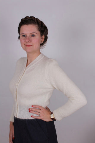 1940’er vintage style mohair cardigan med lille pufærme - Råhvid - Lisbeth