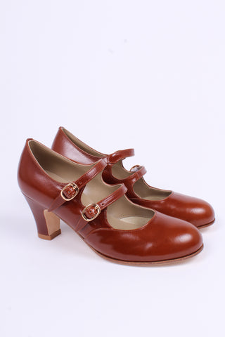 1930'er vintage style pumps med dobbelt rem - Cognac brun - Judy