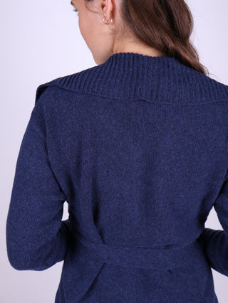 1920'er vintage style cardigan med bred krave og bælte - meleret blå - Pearl