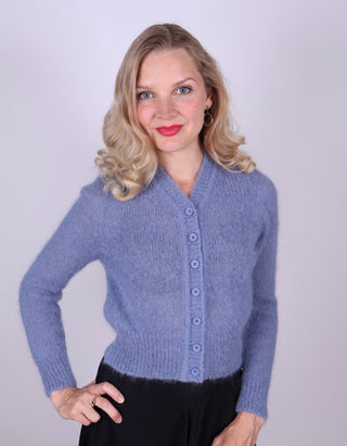 1940’er vintage style mohair cardigan med lille pufærme - Støvet blå - Lisbeth