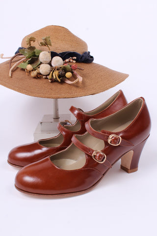 1930'er vintage style pumps med dobbelt rem - Cognac brun - Judy