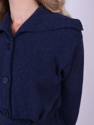 1920'er vintage style cardigan med bred krave og bælte - meleret blå - Pearl