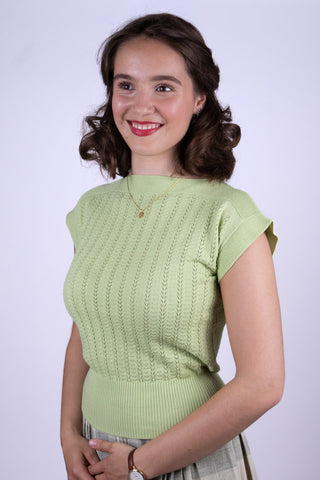 1950s style cap-sleeved jumper in fine lace knit - Pastel light green - Iris