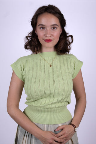 1950s style cap-sleeved jumper in fine lace knit - Pastel light green - Iris