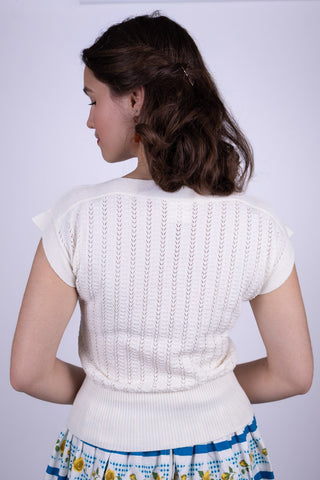1950s style cap-sleeved jumper in fine lace knit - Off-White - Iris