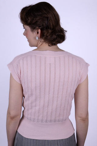 1950s style cap-sleeved jumper in fine lace knit - Pastel light rose - Iris