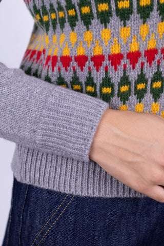 1940'er style cardigan - Meleret grå med flerfarvet mønster - Roberta