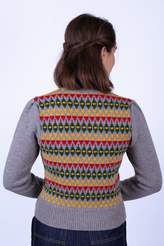 1940'er style cardigan - Meleret grå med flerfarvet mønster - Roberta