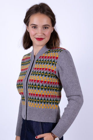 1940'er style cardigan - Meleret grå med flerfarvet mønster - Roberta