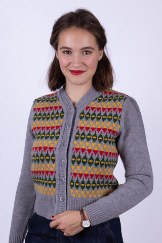 1940'er style cardigan - Meleret grå med flerfarvet mønster - Roberta