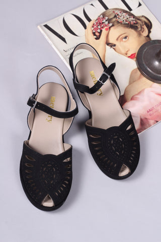 1940s / 50s suede wedge sandals - Black - Ella