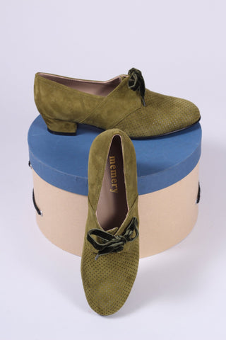 40s Derby shoes in suede - Low heel - Green - Esther - memery