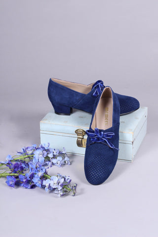 40s Derby shoes in suede - Low heel - Navy Blue - Esther - memery