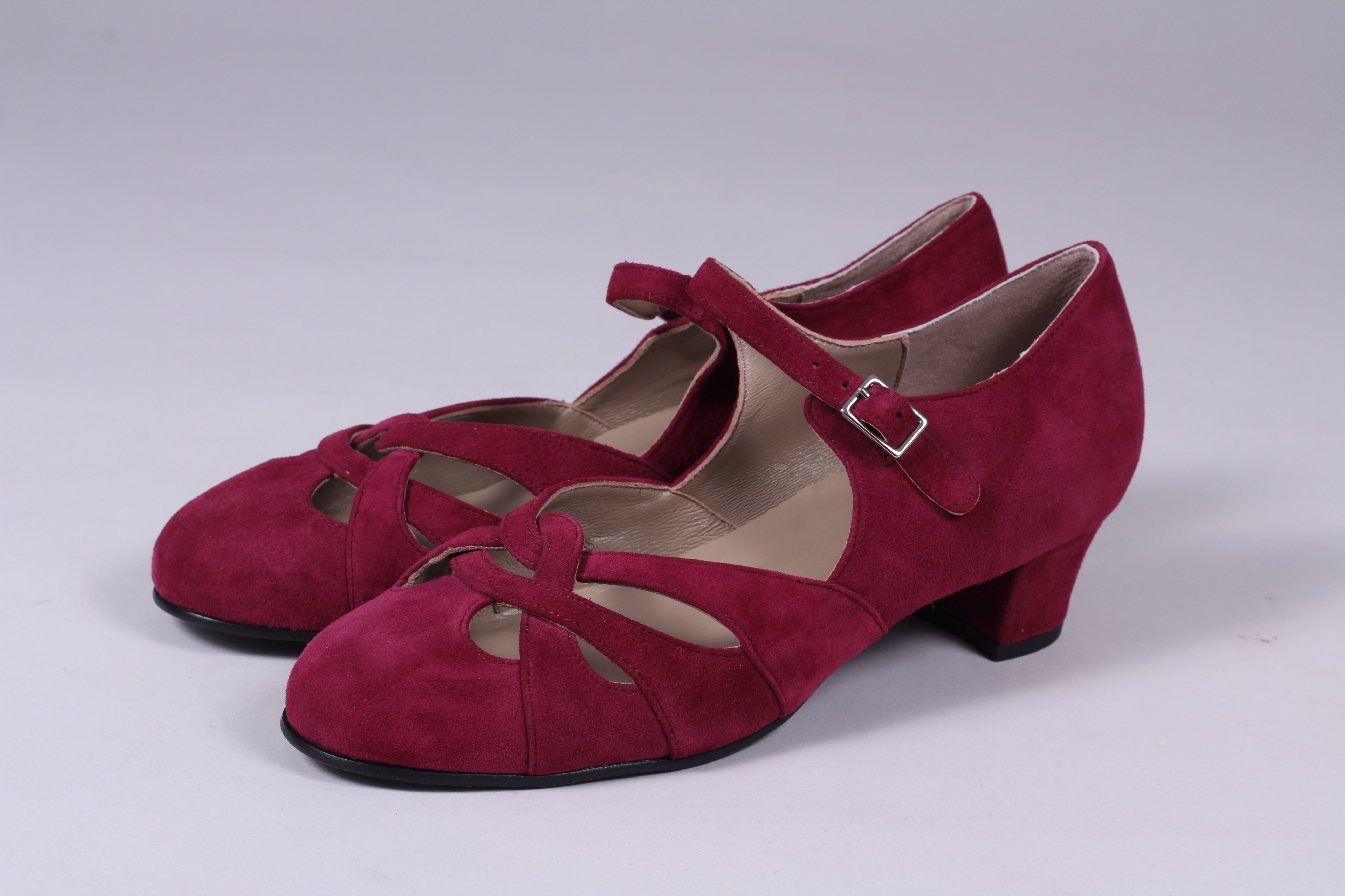1930'er / 1940'er vintage style sandaler i ruskind - bordeaux rød - Ida