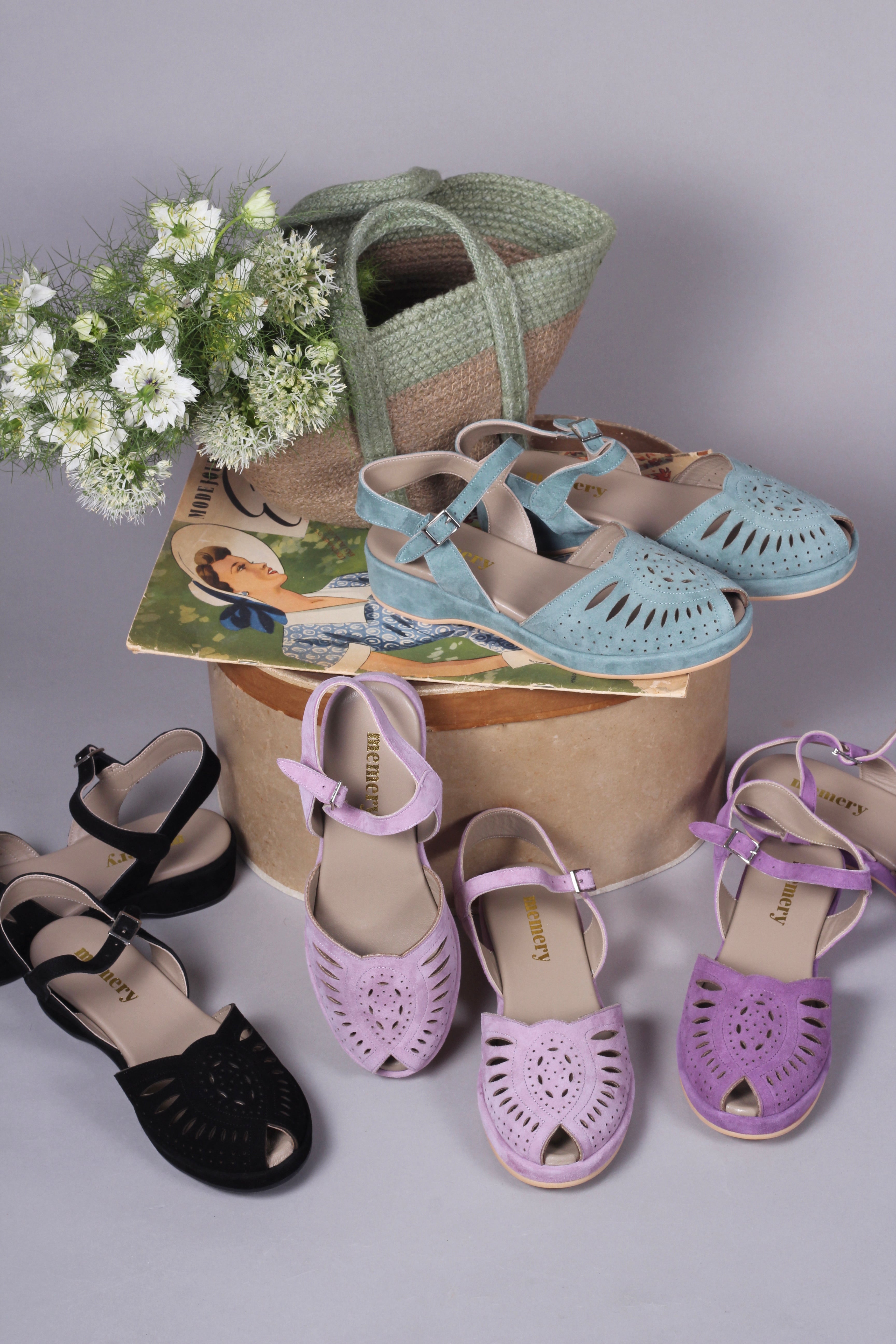 Bløde 1940'er / 1950'er inspirerede sandaler - blågrøn - – memery