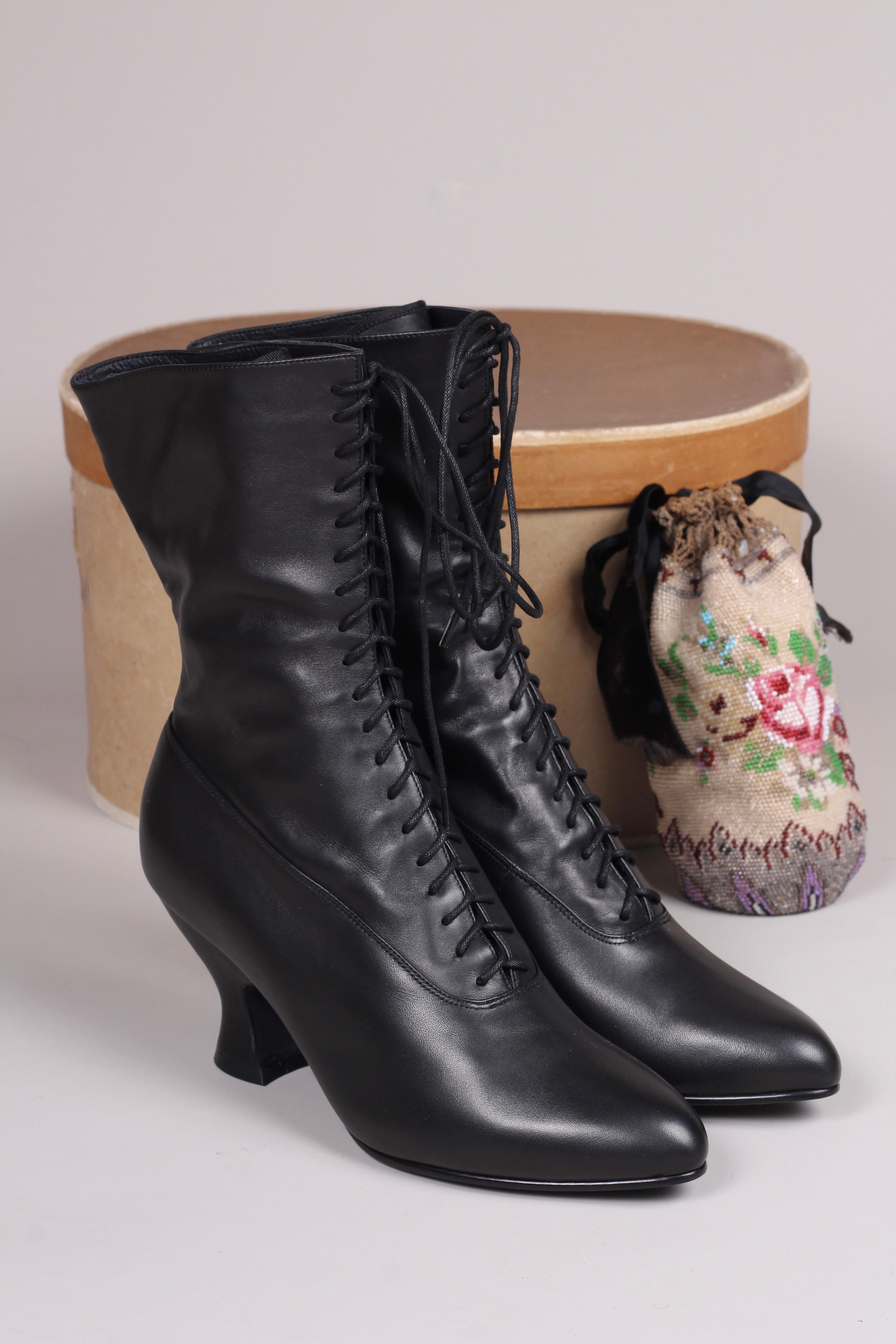 Edwardiansk snørestøvle pompadour hæl, -sort - Rose –