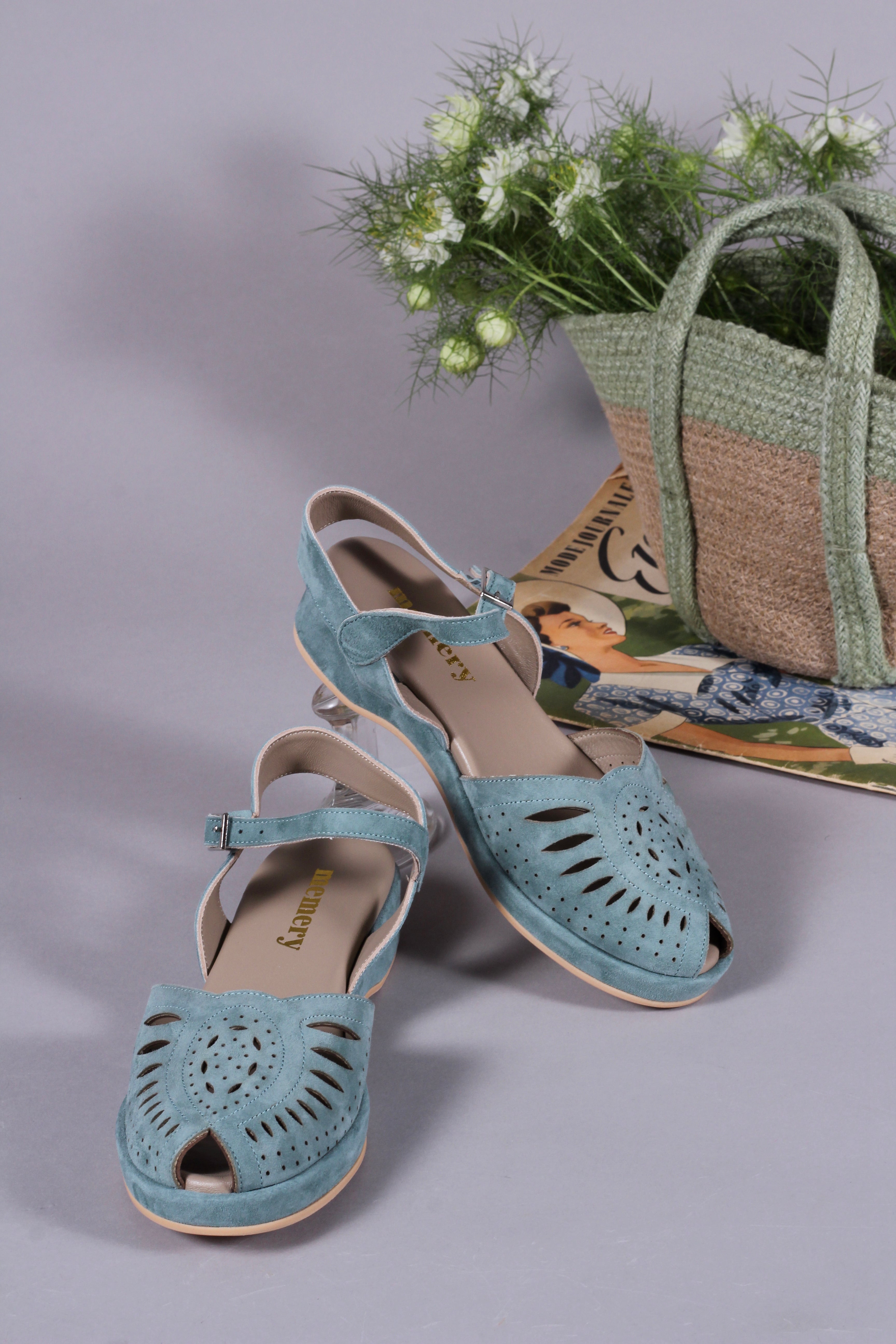 Bløde 1940'er / 1950'er inspirerede sandaler - Støvet blågrøn - Ella