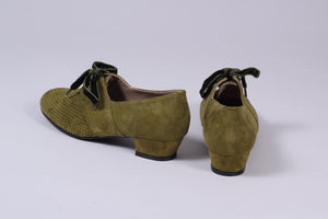 1940'er vintage style Oxford sko i ruskind - Lav hæl - Støvet grøn - Esther