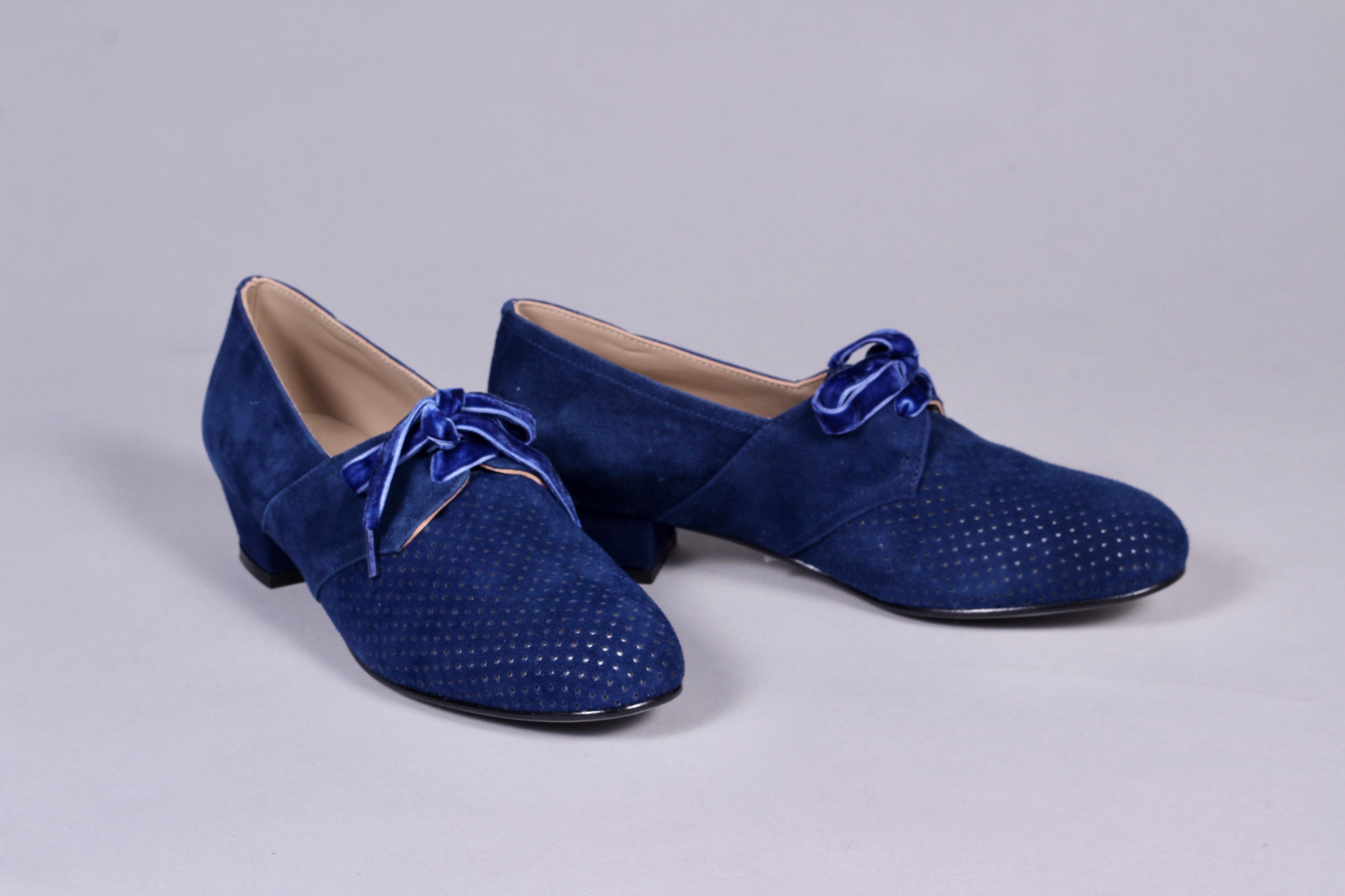 halvleder Vejrtrækning på trods af 1940'er vintage style Oxford sko i ruskind - Lav hæl - Navy blå - Esth –  memery