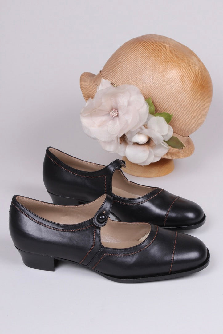 Mary Jane 1920'er vintage style sko med knap - sort - Ruby