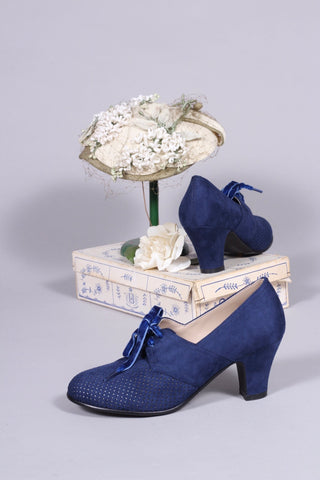VEGAN shoes - 40s vintage style pumps with shoe lace - Navy Blue - Esther - memery